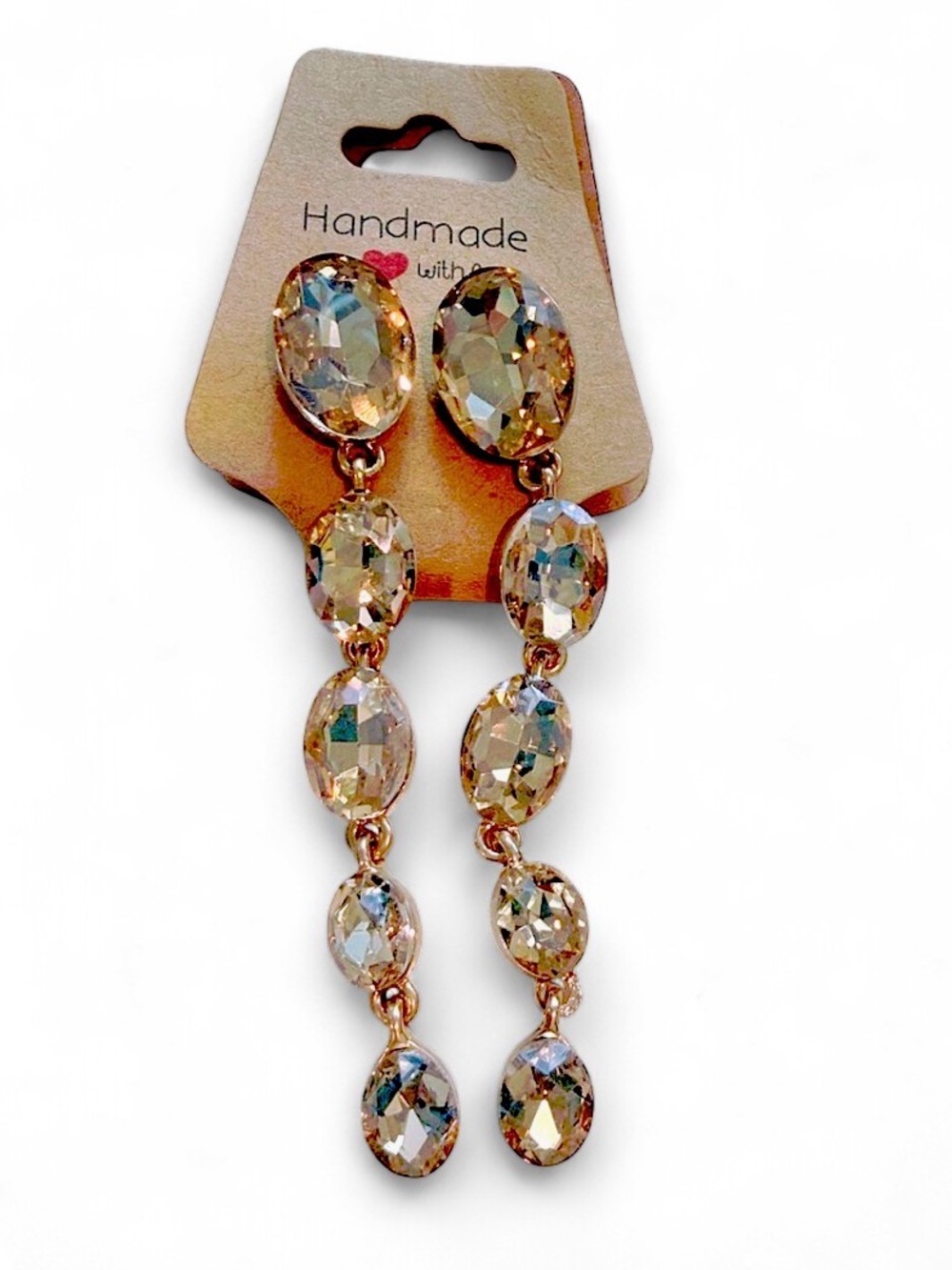 Gold-Tone Champagne Crystal Drop long Earrings - Handmade